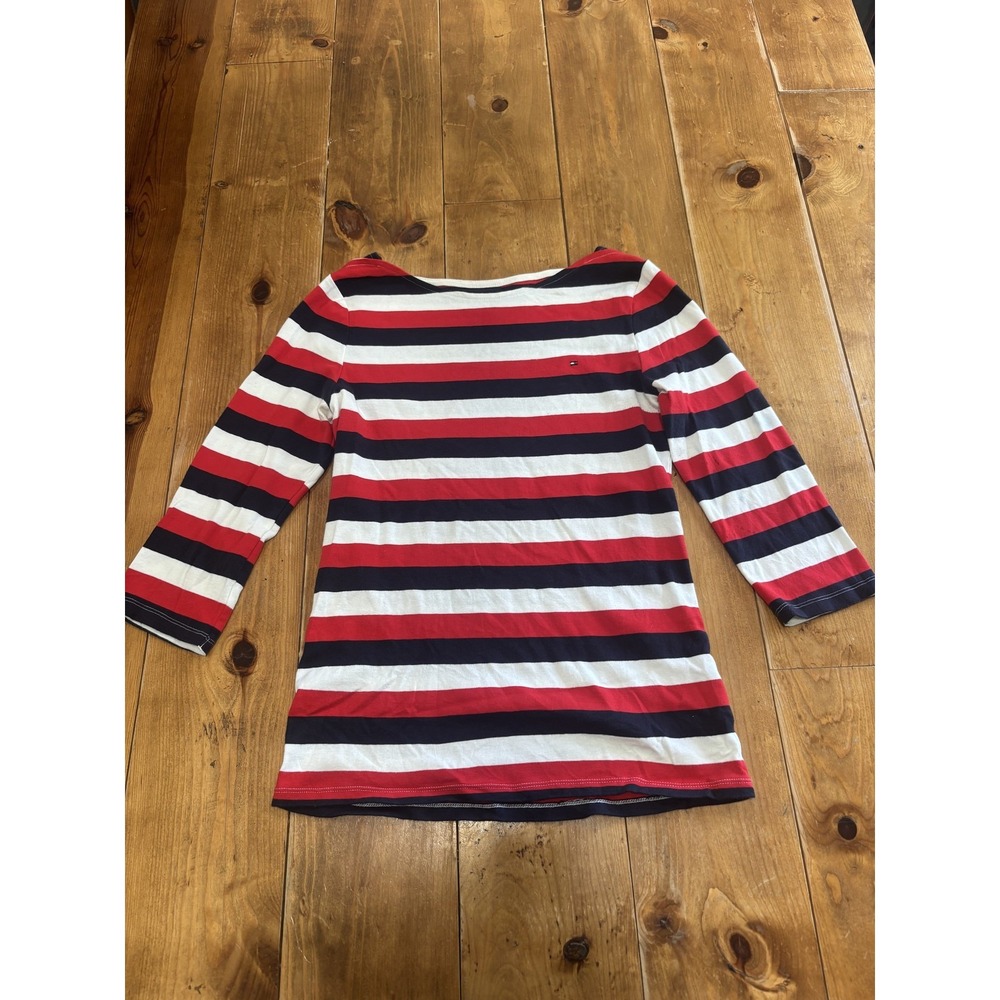 Tommy Hilfiger Women's Large Red White Blue Striped 3/4 Sleeve Boat Neck Top